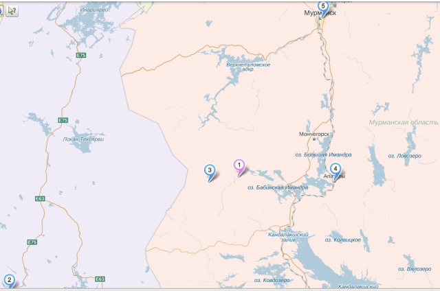 Jona village indicated with "1", further places on the map being Rovaniemi ("2"), Kovdor ("3"), Apatity ("4"), and Murmansk ("5")